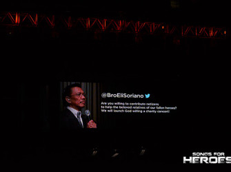 A still shot of the audio-visual presentation showing the tweet that Bro. Eli Soriano posted about the benefit/tribute concert for the SAF 44.